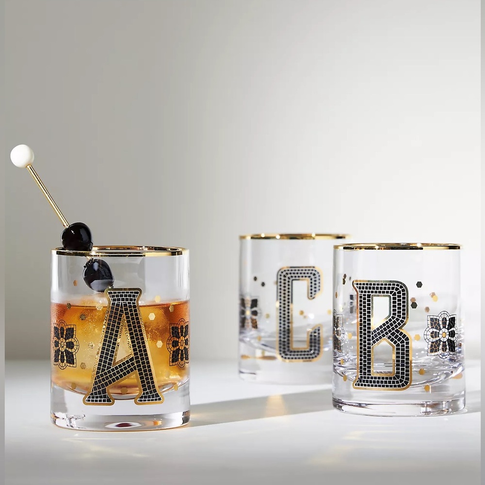 Anthropologie THE BISTRO TILE MONOGRAM OLD FASHIONED GLASS Style No. 69978369